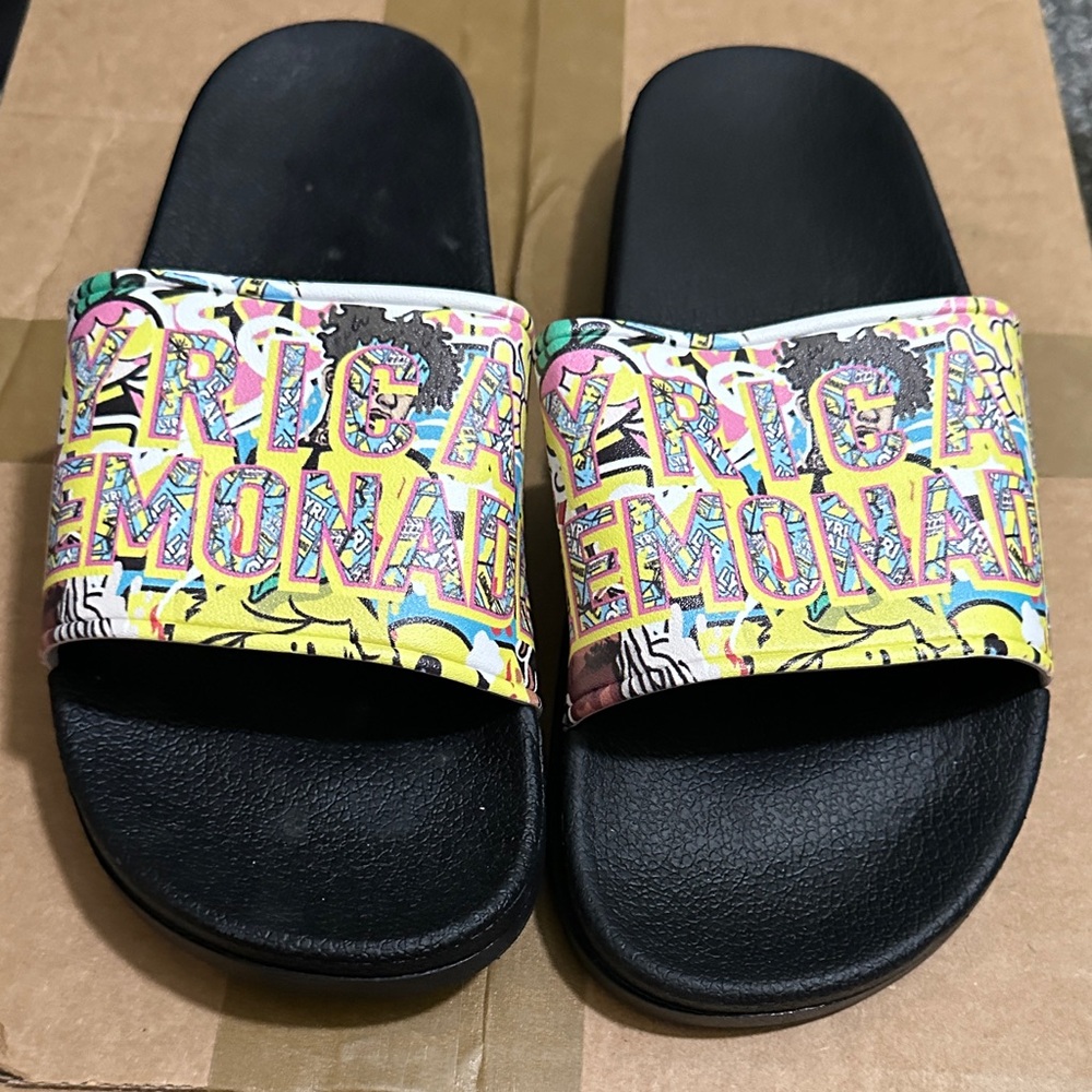 Black and Multicolor Slide Sandals